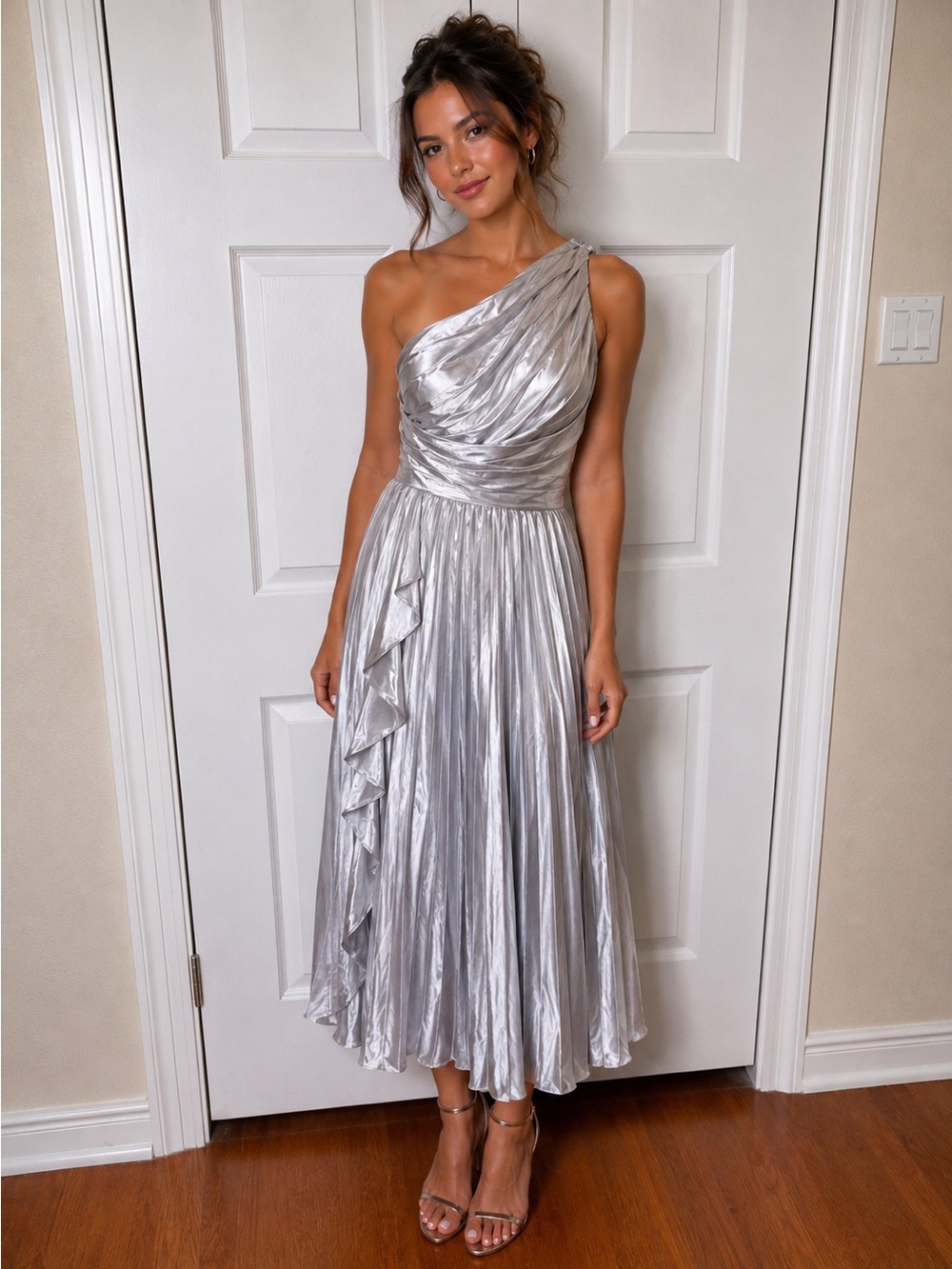 Silver One-Shoulder Evening Dress